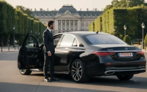 Chauffeur professionnel PrivateWay devant une Mercedes-Benz Classe S noire près du Palais Royal de Bruxelles